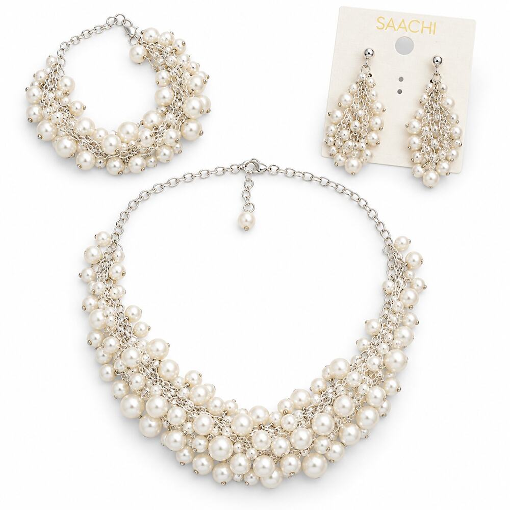 Saachi Silver Tone Faux Pearl Multi Strand Necklace Bracelet Earrings Set